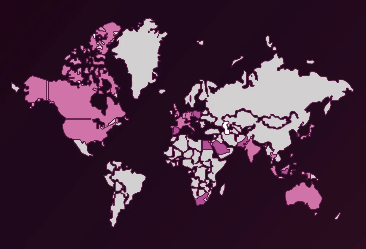 World map highlighting the countries showing Google Trends interest in cultivated or cultured meat